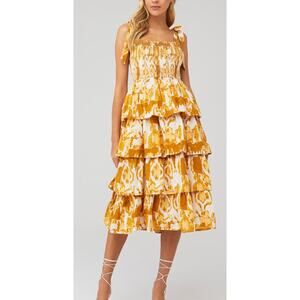 Cleobella Midi Dress Shae Ruffle Tiered 100% Cotton Yellow Print